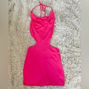 pink silky cut out mini dress